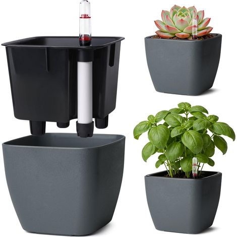 Eckiger Selbstbewässerungstopf 12,5cm mit Wasserstandsanzeige, Grau (1/5)