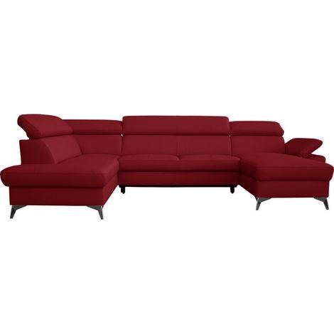 Canapé d'angle convertible en cuir italien de luxe 7/8 places WARINI avec coffre, rouge foncé, angle gauche (1/5)