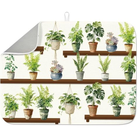 Tapis de séchage pour plantes en pot de 60 x 45 cm - Tapis de drainage absorbant en microfibre résistant à la chaleur - Tapis de bar à café botanique - Feuille verte - Tapis de comptoir de (1/5)