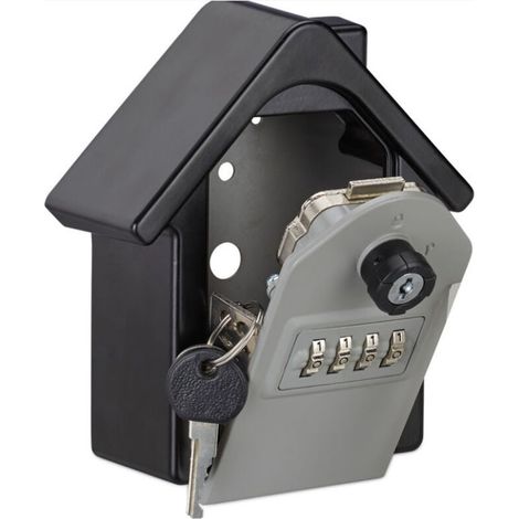 Boite à clés sécurisée forme maison clé secours code coffre fort clef key sage garage, 15x13.5x7 cm, noir/gris (1/5)