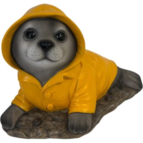 Dekofigur Seehund im Regenmantel klein 14 x 21,5 cm gelb/grau