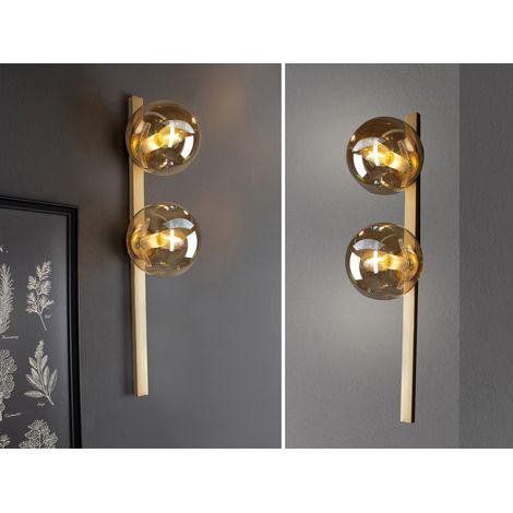 Außergewöhnliche LED Wandlampe Messing 2 flammig Glaskugel Amber, Höhe 60cm