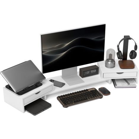 Rehausseur écran PC bureau support d'écran d'ordinateur de 60-116 cm avec 2 tiroirs, longueur et angle réglables (1/5)