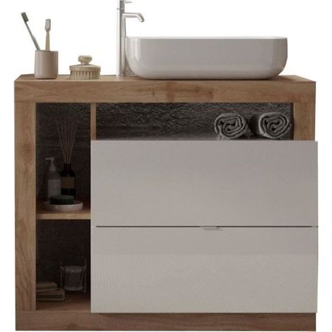 Meuble salle de bain L110cm – Vasque céramique – 2 tiroirs – 3 niches – Finition chêne clair et laqué blanc