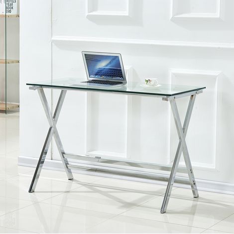Scrivania in vetro temperato trasparente 110 x 55 x 76 cm, struttura in metallo, REDOM (1/5)