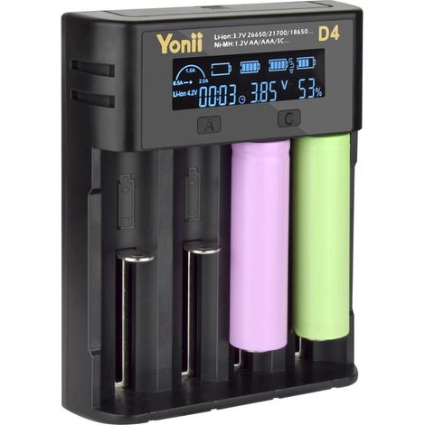 Chargeur Piles Rechargeable Universel avec Écran LCD, Rapide Chargeur Batterie Li-lon 3.6V/3.7V à 4 Slots Automatiques pour Accu 18650 21700 26650 18500 1,2V Ni-Mh, Ni-CD A AA AAA AAAA SC F6