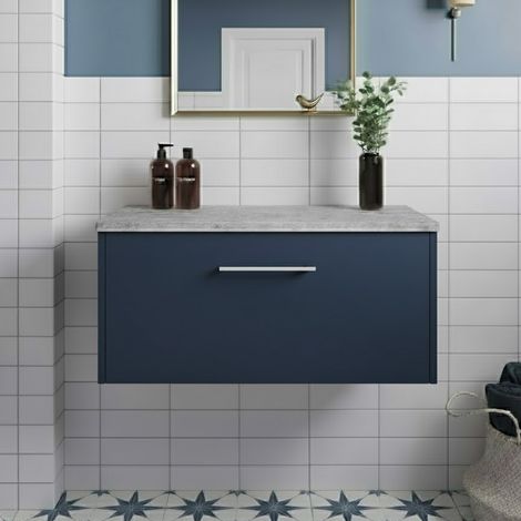 Hudson Reed Juno Wall Hung 1-Drawer Vanity with Bellato Grey Worktop 800mm Wide - Midnight Blue (1/4)
