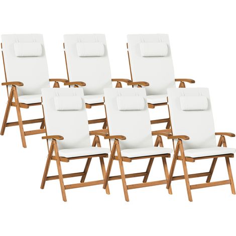 Conjunto de 2 sillas de jardín rústicas de madera de acacia clara plegables con cojines blanco crema Java Premium