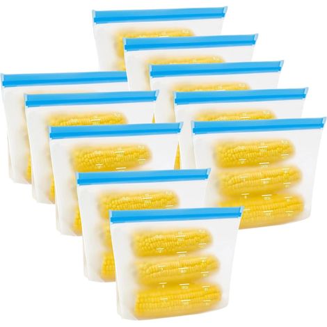 Sac Congelation Zip, Lot de 10 Sacs de Congélation Réutilisables, Sacs de Conservation Réutilisables, Sac Congelation Zip et Stand Up, pour Aliments, Légumes, Lait, En-cas, Viande (Bleu) (1/5)