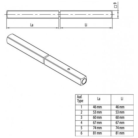 Carré porte OGRO 120 FS SECURE 9mm TS 51-57mm broche pleine fendue OGRO