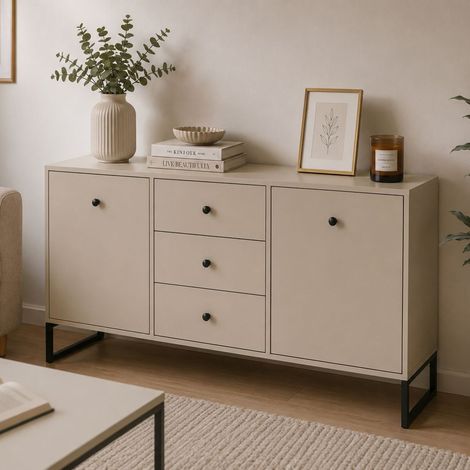 Credenza Lerelova, Aparador 3 Cajones, 2 Estantes, Puerta Abatible y Corrediza, 115x33x82h cm Beige Cashmere (1/3)