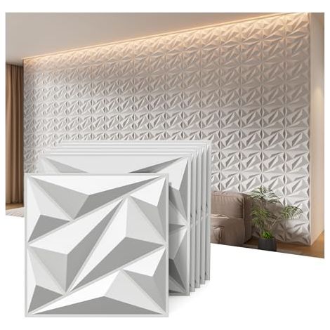 12 panneaux muraux 3D en PVC à motif diamant, revêtement mural décoratif intérieur 30 cm x 30 cm (3 m²) pour fond de télévision, chambre, salle de jeux (Z1-Blanc) (1/5)