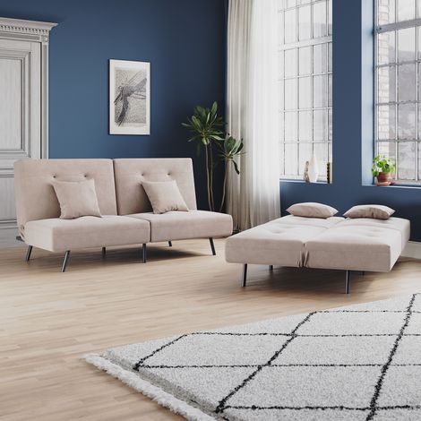 ELEGANT Sofa Bed 2 Seater with Sofa Bed Storage, Double Fold Design, Iron Legs, Hidden Zipper, Adjustable Backrest and 2 Cushions, Khaki