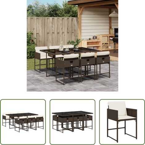 vidaXL Gartenstuhl - 7-tlg. Garten-Essgruppe mit Kissen Braun Poly Rattan (1/5)