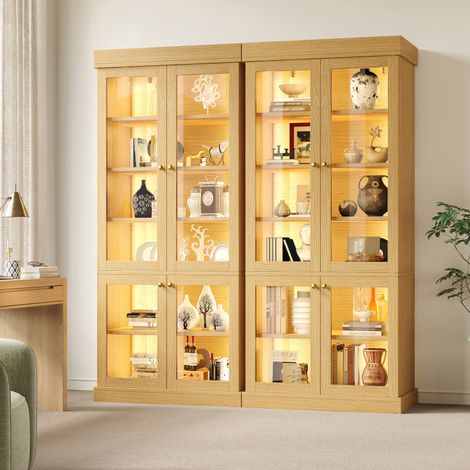 Vitrinenschrank mit LED-Ambiente, 160 x 40 x 180 cm, MDF und Glas, Natur, OKMYHOME (1/5)