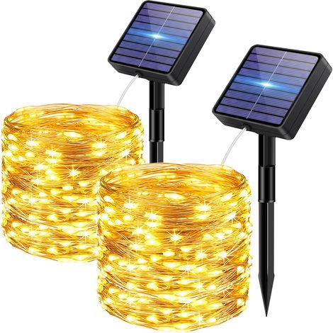 Guirlande Solaire Exterieur, 12M 120 LED 8 Mode IP65 Étanches Guirlande Lumineuse Solaire Extérieur Avec Mémorisation Pour Clôture Jardin Balcon Décoration Blanc Chaud (1/5)