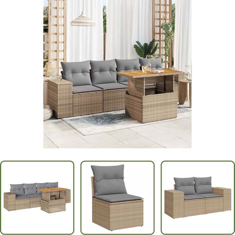 vidaXL Rattanmöbel - 5-tlg. Garten-Sofagarnitur mit Kissen Beige Poly Rattan (1/5)