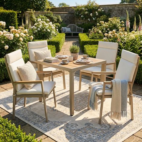 Gartenmöbel-Set für 4 Personen, quadratischer Tisch (84 x 84 cm) + 4 Stühle mit Kissen, verzinktes Eisengestell, beige