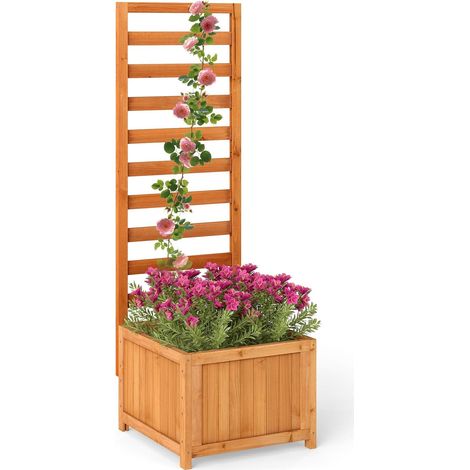 COSTWAY Letto da Giardino Rialzato in Legno con Traliccio, Fioriera Elevata con Fori di Drenaggio & Spazi per Piante Rampicanti, Viti, Fiori, Verdure, Fioriera per Interni ed Esterni (Arancione)