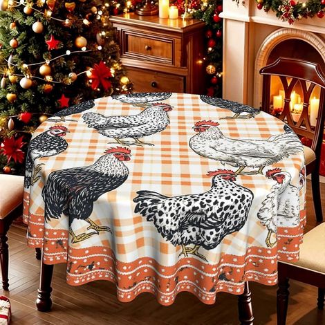 Nappe ronde à carreaux vifs avec imprimé poules et vaches de la ferme (1 pièce), nappe de table à thème pique-nique, résistante aux taches, idéale pour une ambiance champêtre. (1/4)