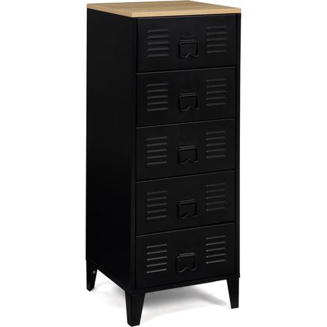 Idmarket – Chiffonnier 5 tiroirs 40 cm – Métal noir et plateau hêtre – Style industriel – Dimensions 40x40x100 cm – Tiroirs en métal (1/5)