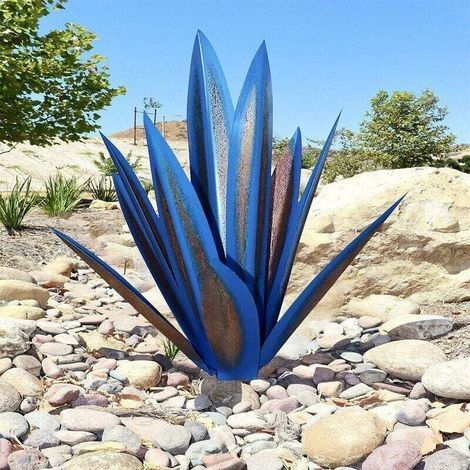Agavenpflanze aus Metall, zur Gartendekoration, rot, rustikale Tequila-Skulptur, geeignet für den Innenbereich, Rasendekoration (35 cm, dunkelblau) (1/5)