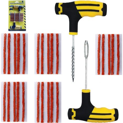 Dieses Reifenreparaturset enthält Reparaturstreifen, einen Gewindebohrer und einen Gabelbohrer. Geeignet für Autos, Motorräder, Quads und Traktoren.