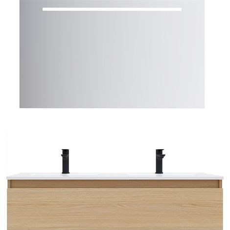 Meuble de salle de bain suspendu double vasque intégrée 120cm 1 tiroir Chêne clair + miroir - Hudson (1/5)