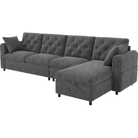 Canapé d’angle gris en velours 281 cm, méridienne réversible avec rangement, poches latérales et dossier capitonné (1/5)
