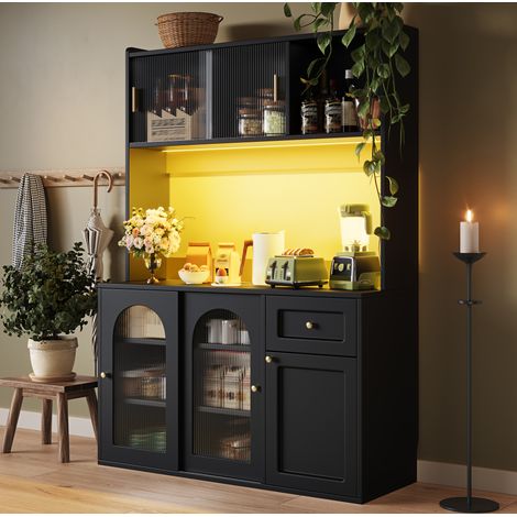 MEUBLIV Buffet de cuisine noir 120x35x167 cm – LED, vitrines et étagères réglables (1/5)