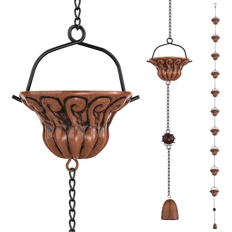 Chaîne de Pluie, chaînes de Pluie en métal de Longueur 2.3 m, Tuyau de Descente de Rechange pour gouttières, Fonctionnelle et décorative chaînes de Pluie suspendues (Vintage Copper) (1/5)