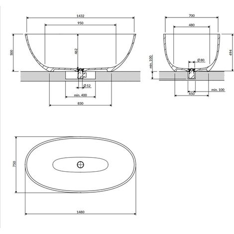 OMNIRES Shell - Freistehende Badewanne, 148x75 cm, mattschwarz SHELL148WWBLV (1/2)
