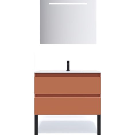 Meuble de salle de bain suspendu vasque intégrée 90cm 2 tiroirs Terracotta + miroir - Hudson (1/5)