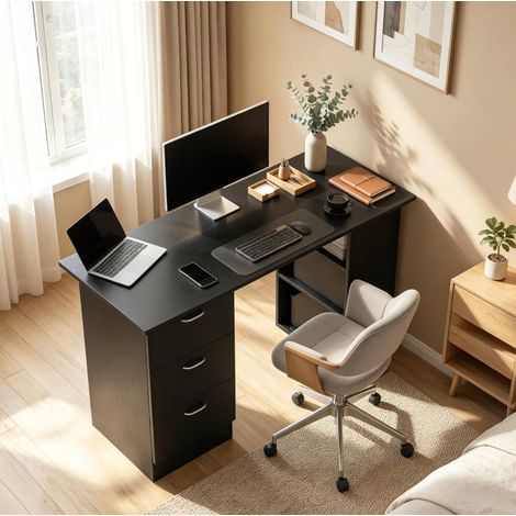 Schwarzer MDF-Computerschreibtisch mit 3 Regalen und 3 Schubladen (1/5)