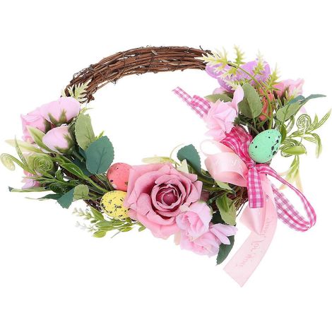 Couronne de Pâques artificielle rose pour porte d'entrée avec œufs factices (2 pièces) (1/5)