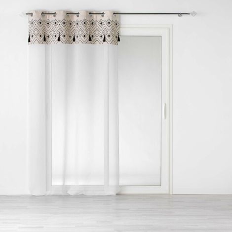 Homemaison – Voilage sable 140x240 cm – Motif ethnique – Pompons décoratifs – Lavable en machine à 30°C – Finition ourlée (1/3)