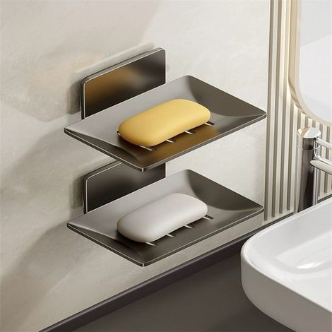 Nicht perforierte Wand-Seifenschale, 2er-Set, grau, graue Aluminium-Seifenschale, Wand-Seifenschale, Badezimmer-Aufbewahrungsregal