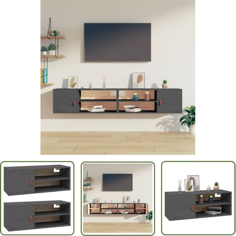 The Living Store Wandschränke 2 Stk. Grau 80x30x30 cm Massivholz Kiefer - Holzschrank - Wandregal - Regal Grau - Massives Kiefernholz - Wohnwand (1/5)