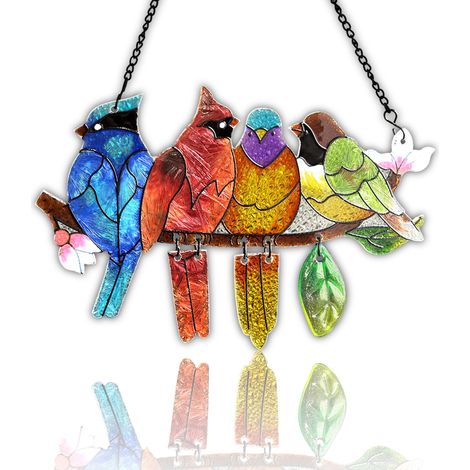 Décorations en vitrail — attrape-lumière colibri sur des branches d'arbre, vitraux double face peints à la main. (1/5)