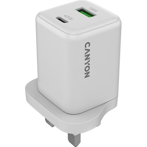 Cargador de pared CANYON CU45AC GaN 45W 1xPD 1xQC (Reino Unido) Blanco