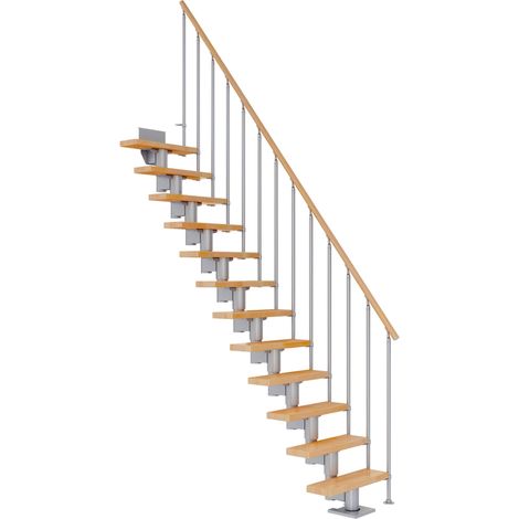 Dolle Mittelholmtreppe Dublin Gerade aus Buche lackiert 71 cm breit für GH 259–315 cm UK Metall Perlgrau mit Einzelstabgeländer