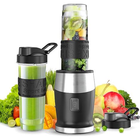 Blender, 500W Smoothie 24000rpm, Mini Portable with 2 570ml Sports Bottles, BPA Free, 4 Stainless Steel Blades for Smoothie Milkshake Fruits Baby Juice Vegetable (1/5)