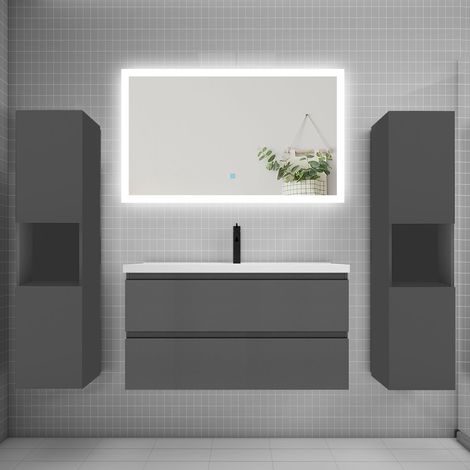 Ensemble meuble de salle de bains 100cm, simple vasque + colonne + LED miroir rectangulaire,anthracite (1/5)
