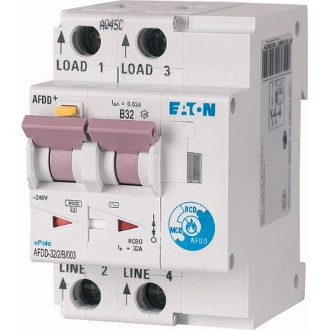 Disj. diff. et de dét d'arc élec. 2 poles 32A courbe B 30mA type AC 000187230 EATON AFDD 32/2/B/003