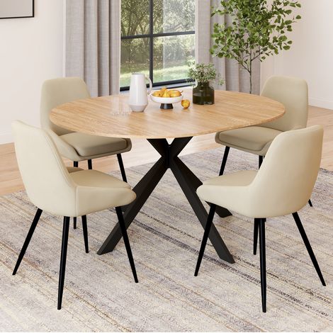 Conjunto de mesa de comedor redonda extensible ALIX de madera y negro de 110-150 cm y 4 sillas de terciopelo beige THALYA