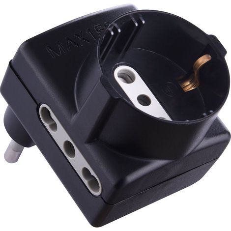 Electraline 70069 Adattatore con Spina Salvaspazio, Presa Tripla Schuko Bivalente, 10/16A, 230 V, Nero