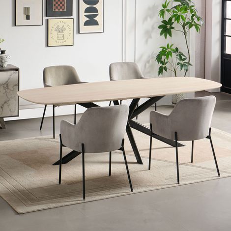 Ensemble table 200 cm effet travertin + 4 chaises velours côtelé gris (1/5)