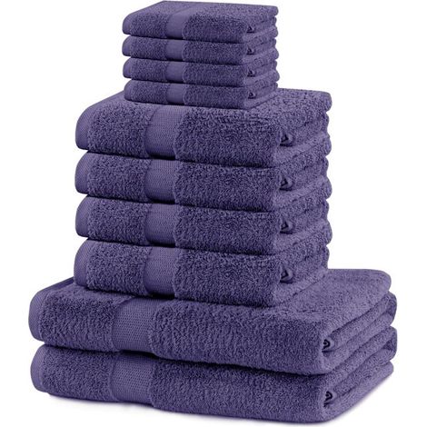 10 serviettes bain, coton 535 g/m², épaisseur absorbante, violet, lot complet salle de bain famille