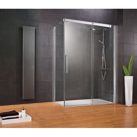 Porte de douche coulissante + paroi de retour fixe, verre 8 mm anticalcaire, profilé aspect chromé, Manhattan, Schulte, 120 x 80 x 200 cm, ouverture vers la droite