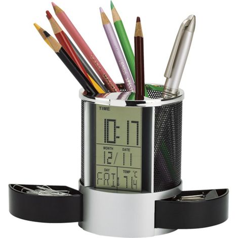 Accessoires de bureau : porte - crayon en maille, réveil numérique LCD, porte - stylo en maille, calendrier, minuterie (1/5)